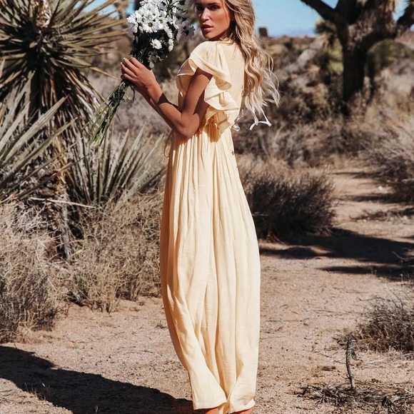 Oat Cream Boho Gauze Boho Button Flutter Maxi Butterfly Arms Dress - Picture 4 of 11